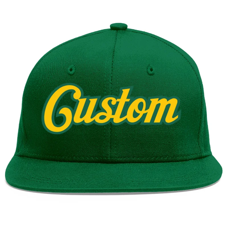 Baseball Cap With Team Logo Embroidery-Custom Green Gold-Kelly Green Flat Eaves Sport Baseball Cap