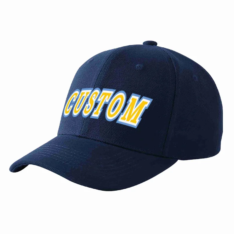 Baseball Cap For College Fans-Custom Navy Gold-White Curved Eaves Sport Baseball Cap Design for Men/Women/Youth