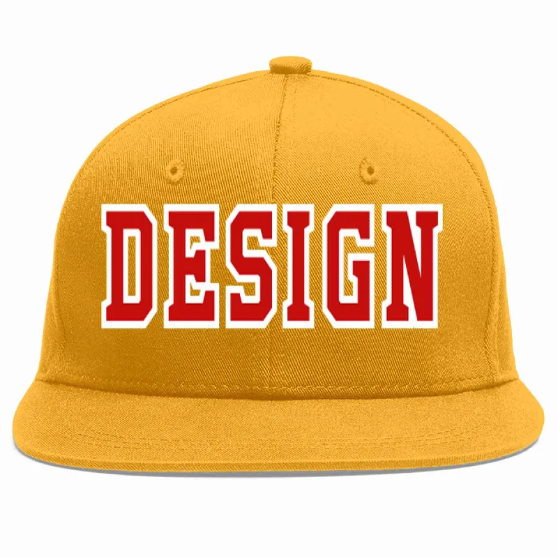 Baseball Cap For College Teams-Custom Gold Red-White Flat Eaves Sport Baseball Cap Design for Men/Women/Youth