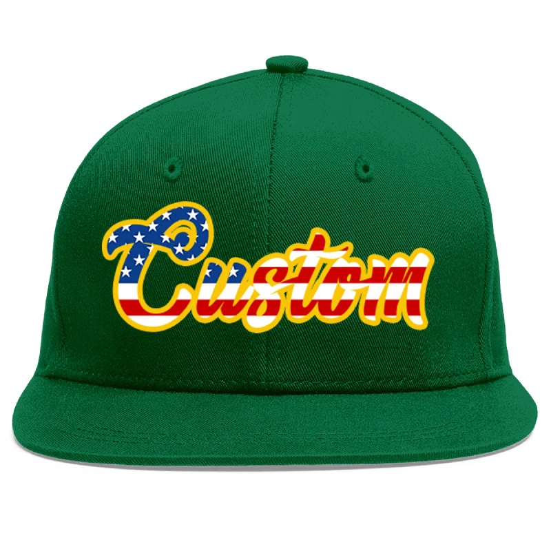 Baseball Cap For Official League Merchandise-Custom Green Vintage USA Flag-Gold Flat Eaves Sport Baseball Cap