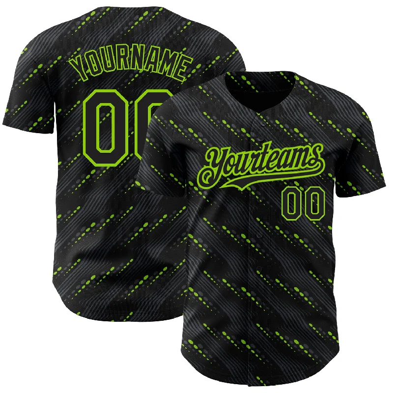 Baseball Jersey With Numbering-Custom Black Neon Green 3D Pattern Design Slant Lines Authentic Baseball Jersey