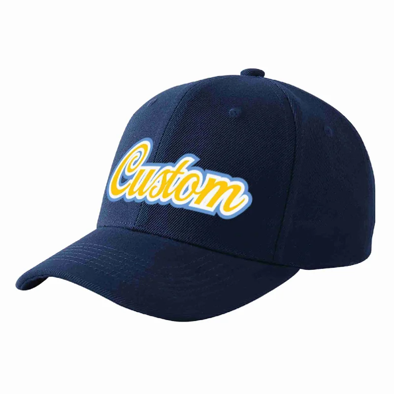 Baseball Cap With Player Names-Custom Navy Gold-White Curved Eaves Sport Baseball Cap Design for Men/Women/Youth