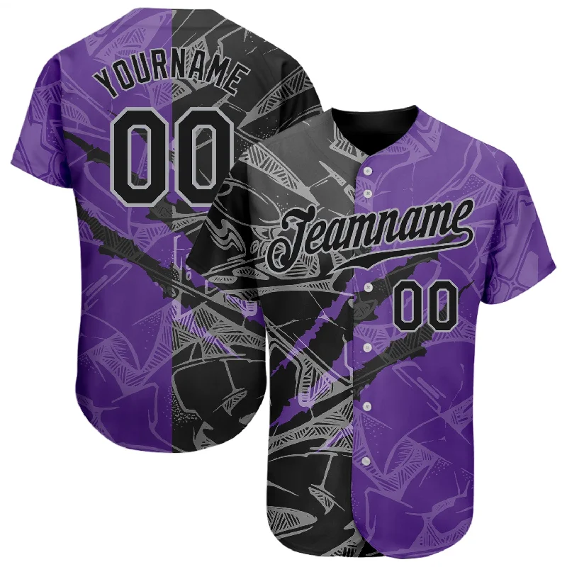 Baseball Jersey For Softball Player Recognition-Custom Graffiti Pattern Black Purple-Gray 3D Scratch Authentic Baseball Jersey