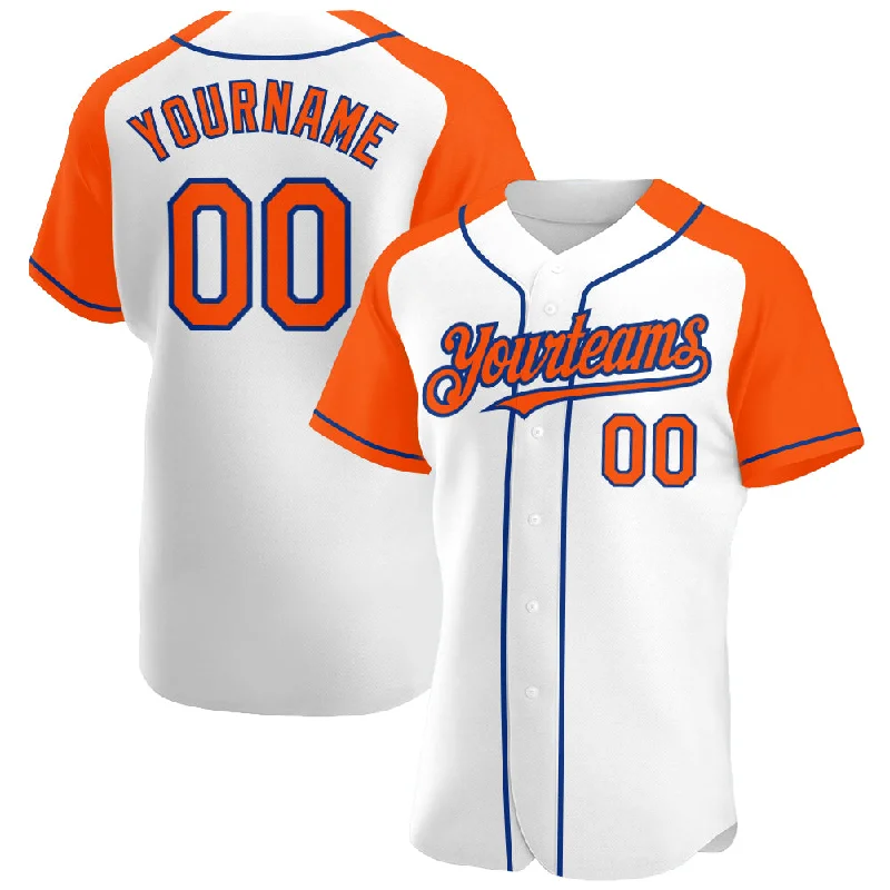 Baseball Jersey With Embroidered Logo-Custom White Orange-Royal Authentic Raglan Sleeves Baseball Jersey