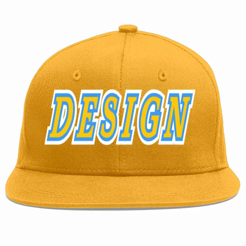 Baseball Cap For Official Fan Gear Custom Orders-Custom Gold Gold-Powder Blue Flat Eaves Sport Baseball Cap Design for Men/Women/Youth