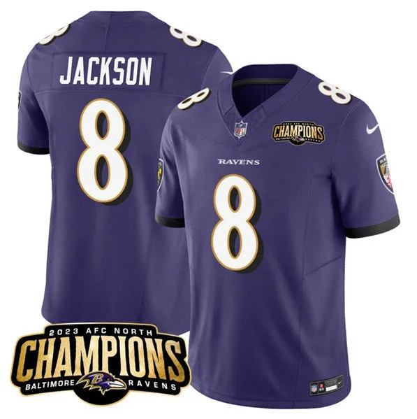 Football Jersey For High School Teams-Men's Baltimore Ravens #8 Lamar Jackson Purple 2023 F.U.S.E. AFC North Champions Vapor Limited Football Stitched Jersey