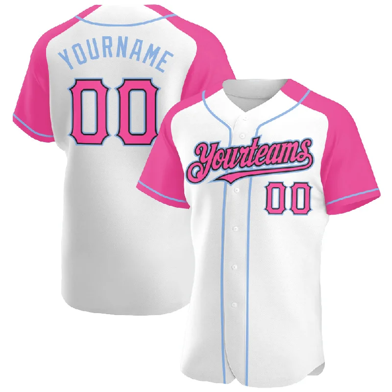 Baseball Jersey For Family Custom Apparel-Custom White Pink Black-Light Blue Authentic Raglan Sleeves Baseball Jersey