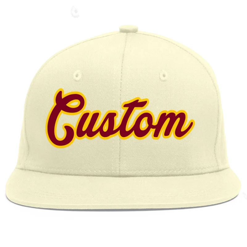 Baseball Cap For Fan Apparel-Custom Cream Crimson-Gold Flat Eaves Sport Baseball Cap