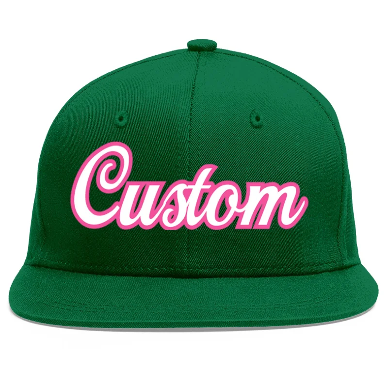 Baseball Cap For Player Recognition-Custom Green White-Pink Flat Eaves Sport Baseball Cap