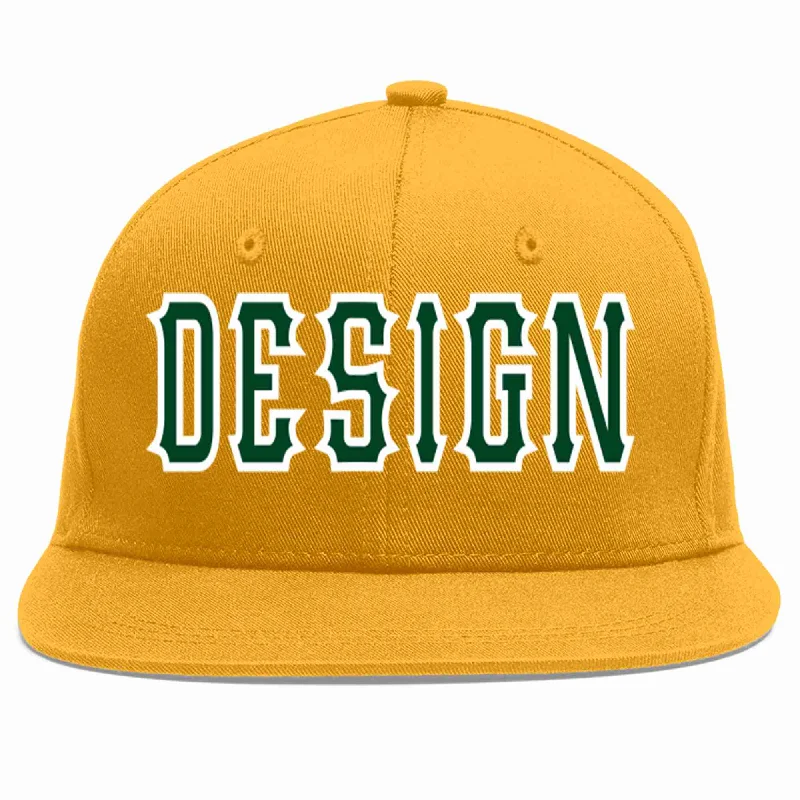 Baseball Cap For Youth Fan Recognition-Custom Gold Green-White Flat Eaves Sport Baseball Cap Design for Men/Women/Youth