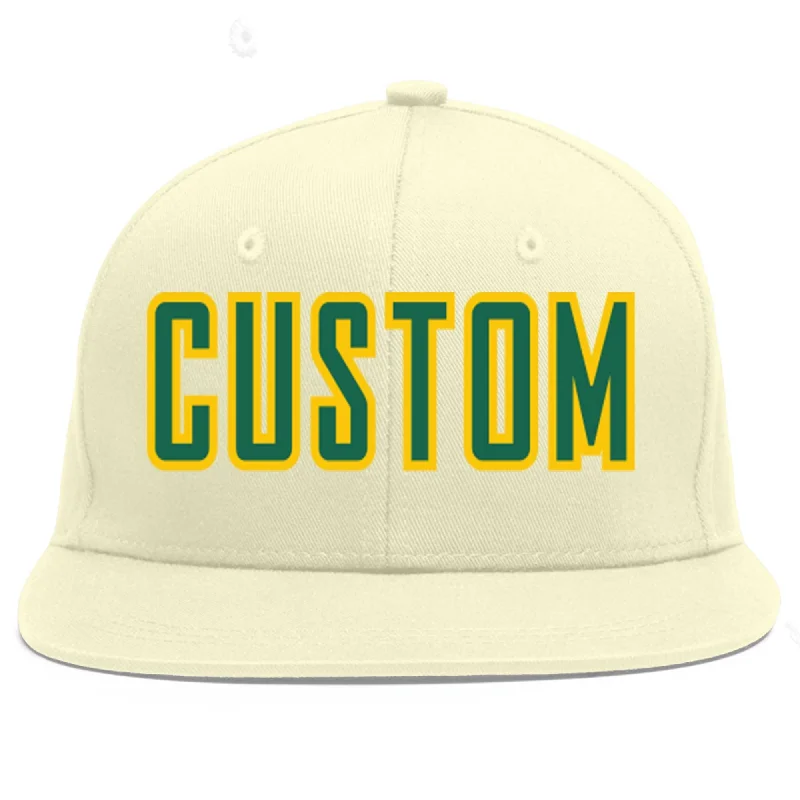 Baseball Cap For Adults-Custom Cream Kelly Green-Gold Flat Eaves Sport Baseball Cap