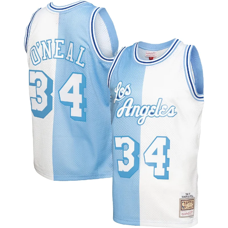 Basketball Jersey For Fan Merchandise-Shaquille O'neal Los Angeles Lakers Hardwood Classics 1996/97 Split Swingman Basketball Jersey - Powder Blue/white