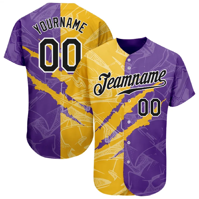 Baseball Jersey For Professional Fan Event Gear-Custom Graffiti Pattern Black Yellow-Purple 3D Scratch Authentic Baseball Jersey