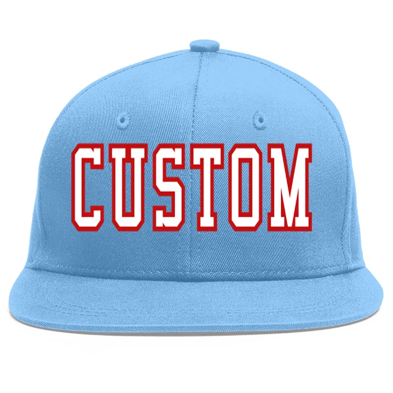 Baseball Cap For Special Player Editions-Custom Light Blue White-Red Flat Eaves Sport Baseball Cap