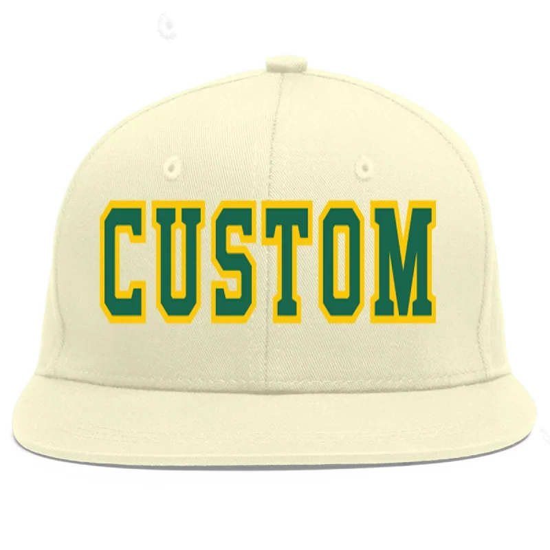 Baseball Cap For Softball Teams-Custom Cream Kelly Green-Gold Flat Eaves Sport Baseball Cap