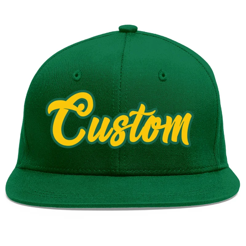 Baseball Cap With Player Numbers For Sale-Custom Green Gold-Kelly Green Flat Eaves Sport Baseball Cap