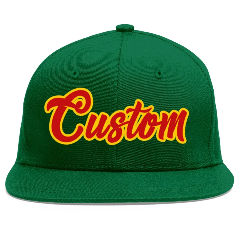 Baseball Cap For Personalized Tournament Gear-Custom Green Red-Yellow Flat Eaves Sport Baseball Cap