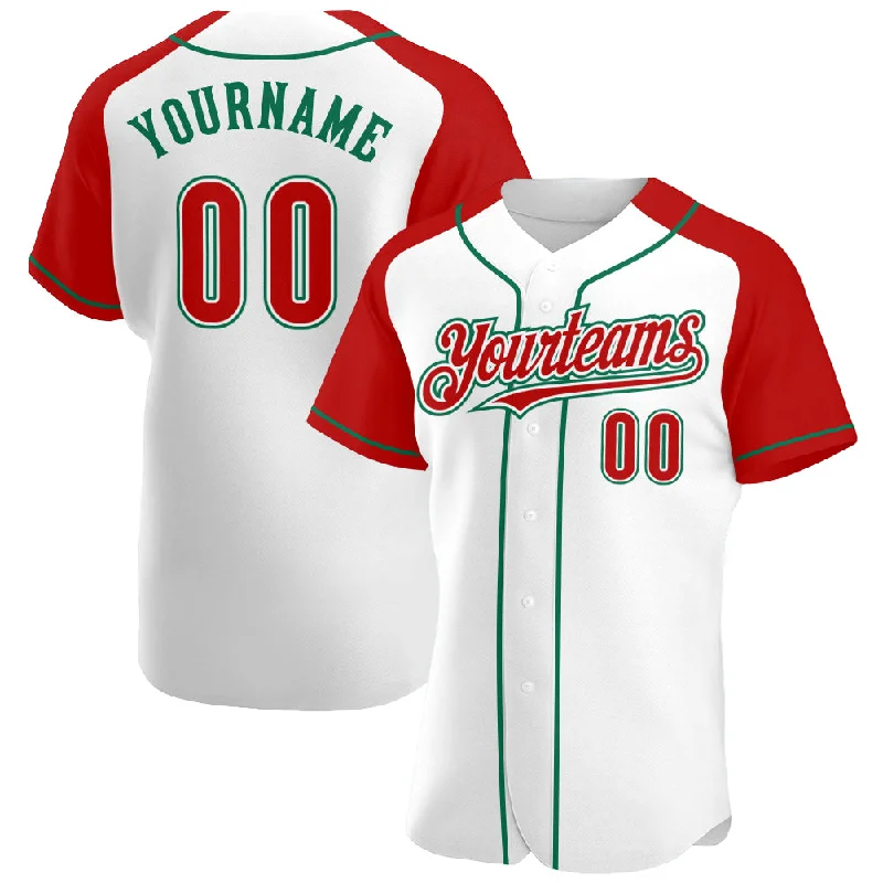 Baseball Jersey For School Fundraisers-Custom White Red-Kelly Green Authentic Raglan Sleeves Baseball Jersey