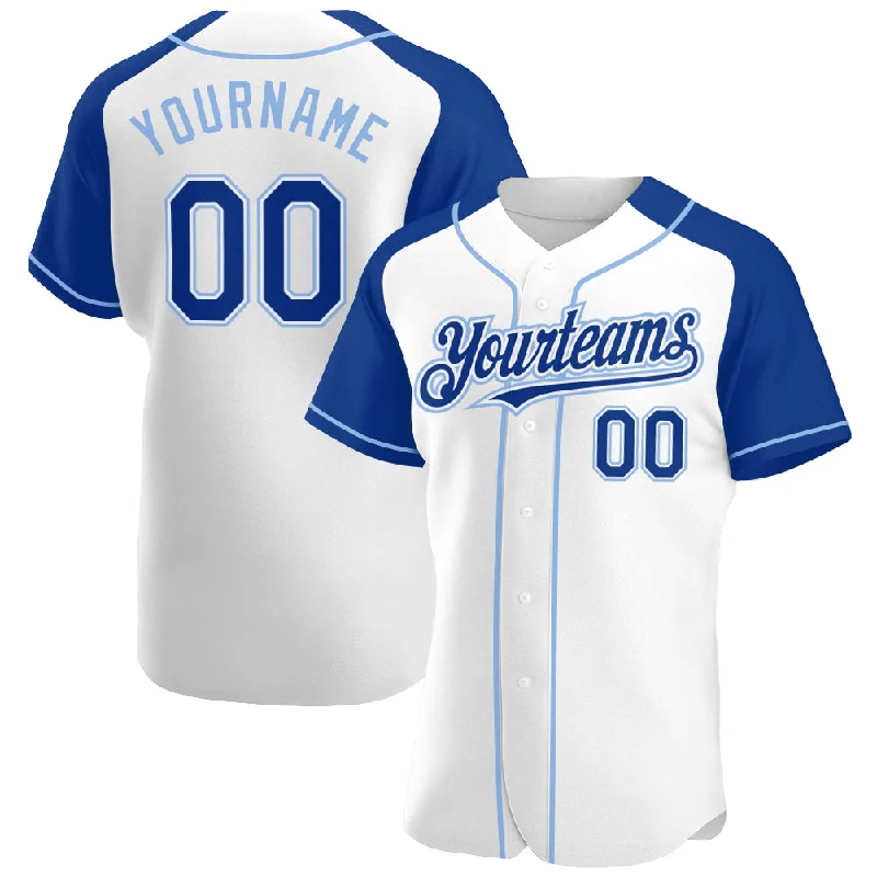 Baseball Jersey For Custom Event Team Gear-Custom White Royal-Light Blue Authentic Raglan Sleeves Baseball Jersey