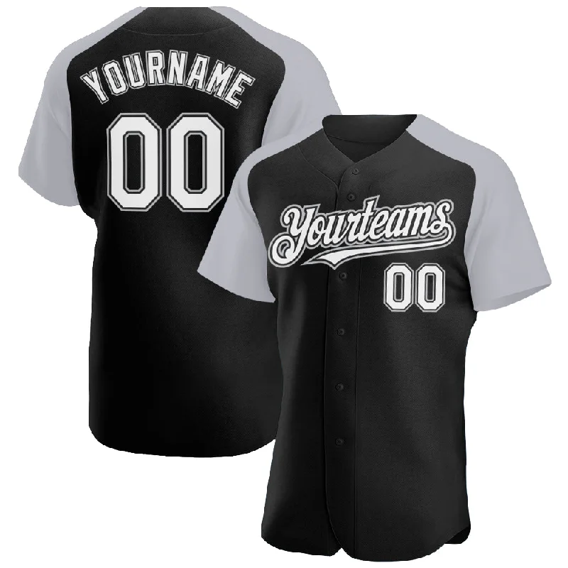 Baseball Jersey For Softball Fan Gear-Custom Black White-Gray Authentic Raglan Sleeves Baseball Jersey