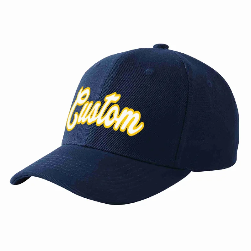 Baseball Cap For College Merchandise Sales-Custom Navy White-Gold Curved Eaves Sport Baseball Cap Design for Men/Women/Youth