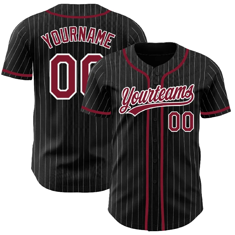 Baseball Jersey For College Merchandise-Custom Black White Pinstripe Crimson Authentic Baseball Jersey