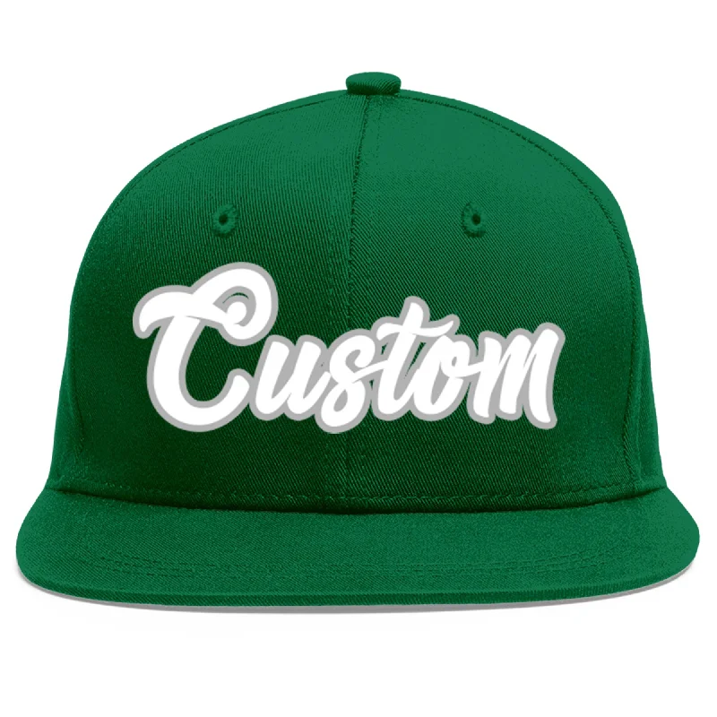 Baseball Cap With Personalized Player Patches-Custom Green White-Gray Flat Eaves Sport Baseball Cap