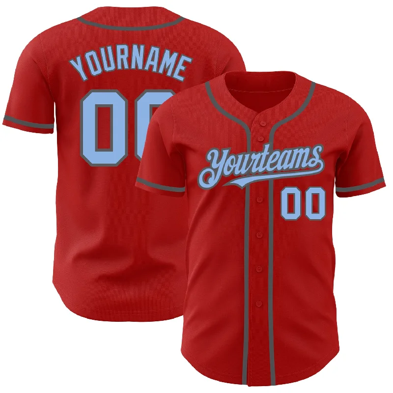 Baseball Jersey For High School Fan Gear-Custom Red Light Blue-Steel Gray Authentic Baseball Jersey