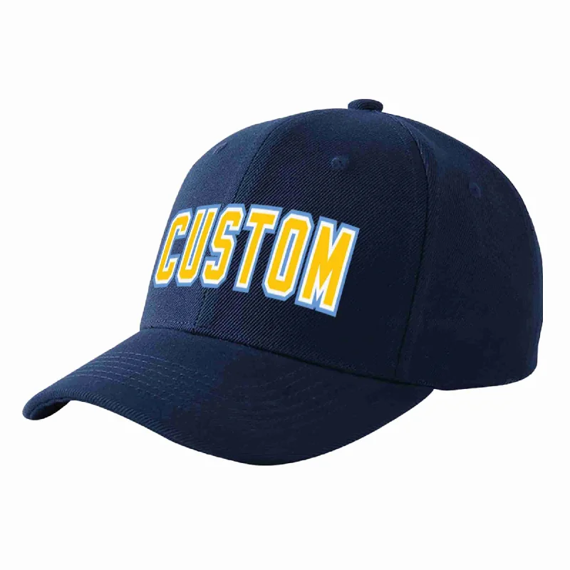 Baseball Cap For Official League Merchandise-Custom Navy Gold-White Curved Eaves Sport Baseball Cap Design for Men/Women/Youth