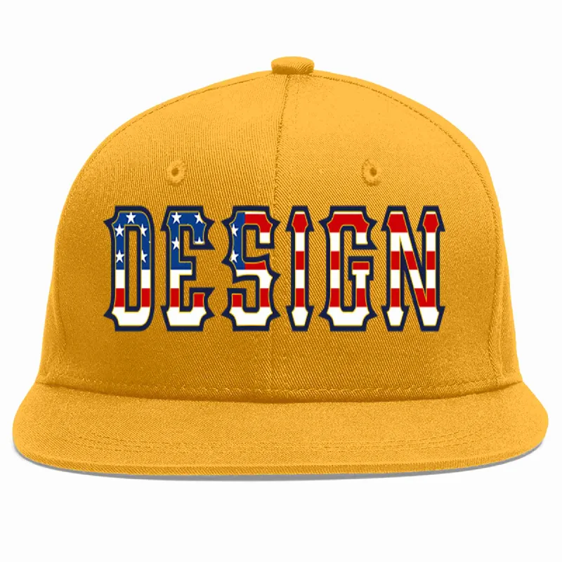 Baseball Cap For Group Sports Fan Orders-Custom Gold Vintage USA Flag-Gold Flat Eaves Sport Baseball Cap Design for Men/Women/Youth