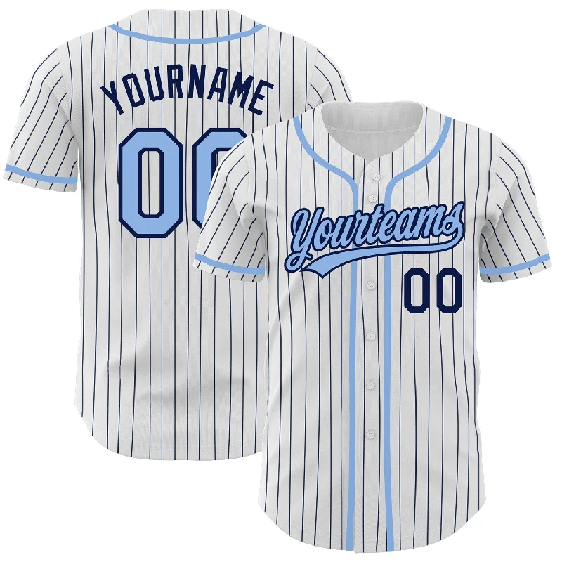 Baseball Jersey For Special Team Customization-Custom White Navy Pinstripe Light Blue Authentic Baseball Jersey