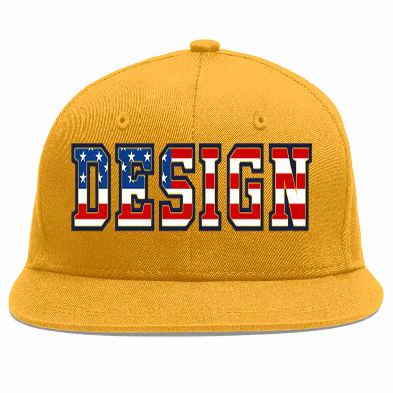 Baseball Cap For Youth Teams-Custom Gold Vintage USA Flag-Gold Flat Eaves Sport Baseball Cap Design for Men/Women/Youth