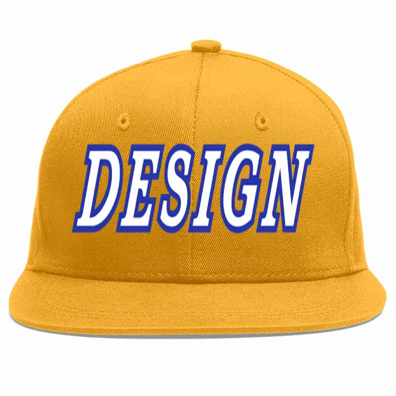 Baseball Cap For High-Quality Team Merchandise-Custom Gold White-Royal Flat Eaves Sport Baseball Cap Design for Men/Women/Youth