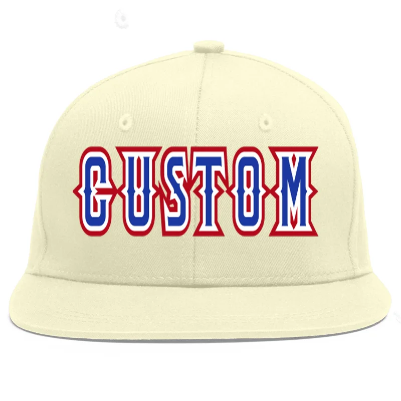 Baseball Cap With Personalized Player Names-Custom Cream Royal-White Flat Eaves Sport Baseball Cap