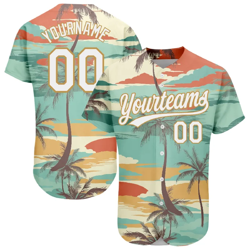 Baseball Jersey For College Fans-Custom Aqua White-Old Gold 3D Pattern Design Cartoon Hawaii Palm Trees Authentic Baseball Jersey