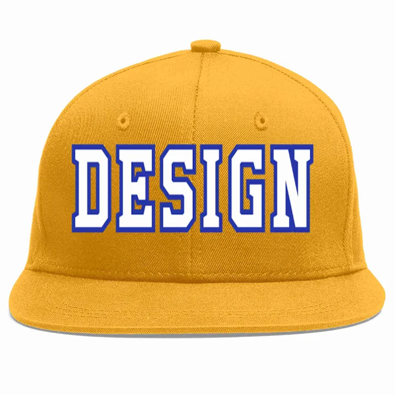 Baseball Cap For Team Apparel-Custom Gold White-Royal Flat Eaves Sport Baseball Cap Design for Men/Women/Youth