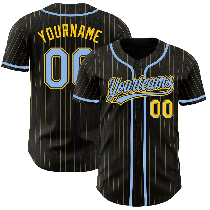 Baseball Jersey For Professional Custom Gear-Custom Black Yellow Pinstripe Light Blue Authentic Baseball Jersey