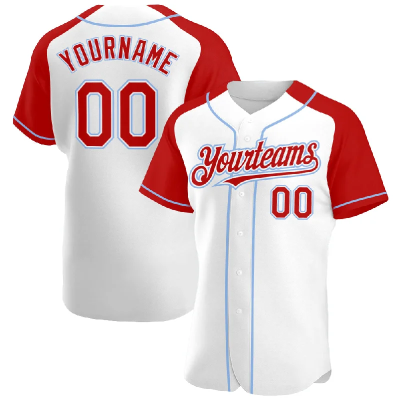 Baseball Jersey For Tournament Merchandise-Custom White Red-Light Blue Authentic Raglan Sleeves Baseball Jersey