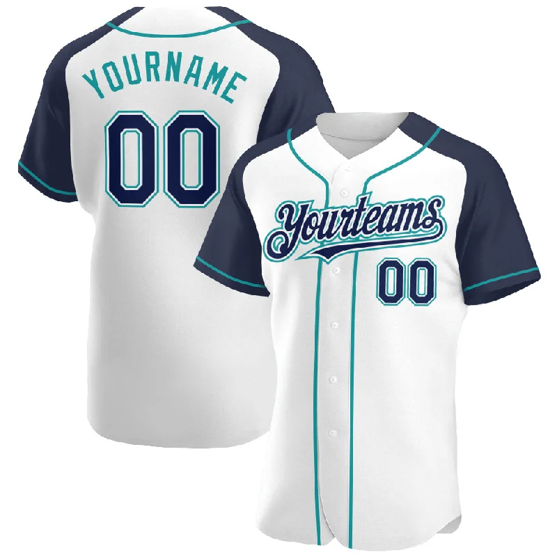 Baseball Jersey With Custom Name-Custom White Navy-Teal Authentic Raglan Sleeves Baseball Jersey