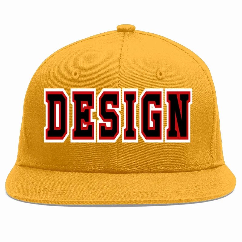 Baseball Cap For Sports Fans-Custom Gold Black-Red Flat Eaves Sport Baseball Cap Design for Men/Women/Youth