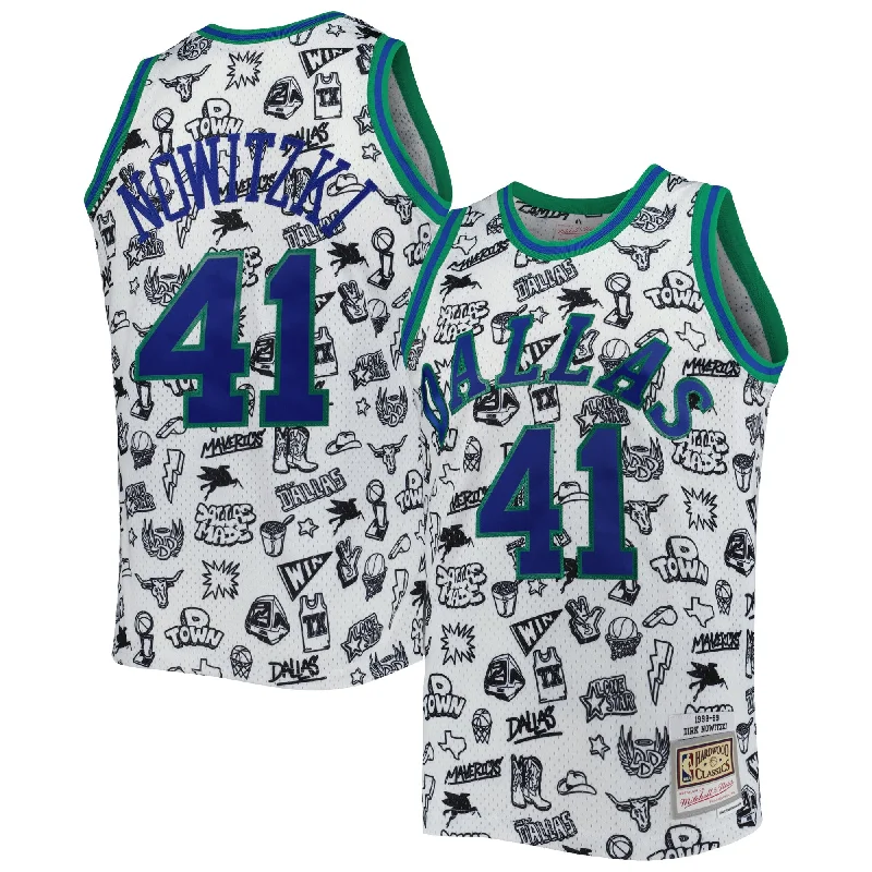 Basketball Jersey For High-Performance Fan Wear-Dirk Nowitzki Dallas Mavericks 1998/99 Hardwood Classics Doodle Swingman Basketball Jersey - White