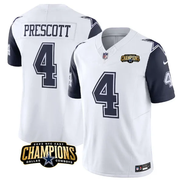 Football Jersey For Youth Teams-Men's Dallas Cowboys #4 Dak Prescott White/Navy 2023 F.U.S.E. NFC East Champions Patch Football Stitched Jersey