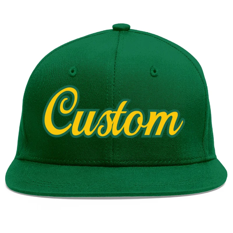 Baseball Cap With Custom Player Numbers-Custom Green Gold-Kelly Green Flat Eaves Sport Baseball Cap