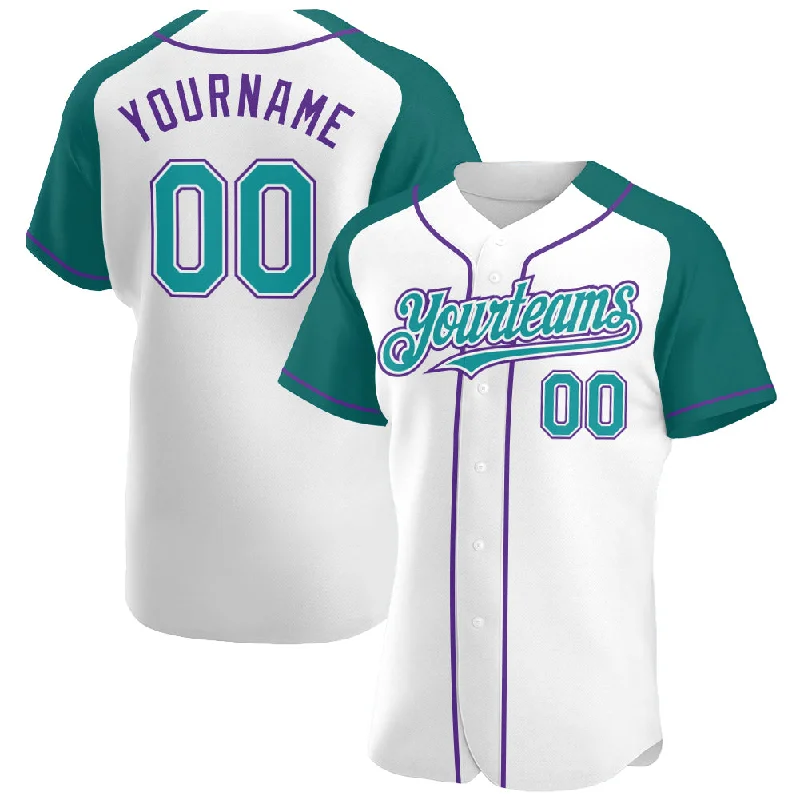 Baseball Jersey For Fundraisers-Custom White Teal-Purple Authentic Raglan Sleeves Baseball Jersey