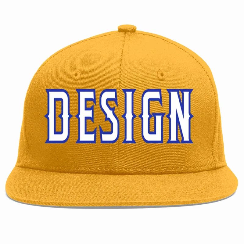 Baseball Cap For Coaches-Custom Gold White-Royal Flat Eaves Sport Baseball Cap Design for Men/Women/Youth