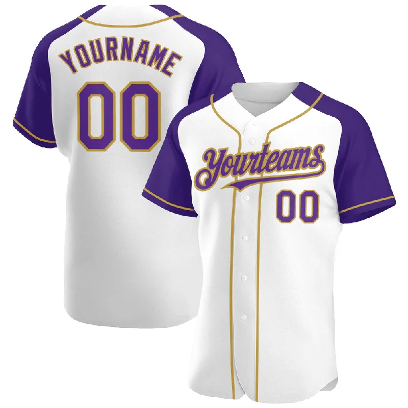 Baseball Jersey For Limited-Edition Fan Customization-Custom White Purple-Old Gold Authentic Raglan Sleeves Baseball Jersey