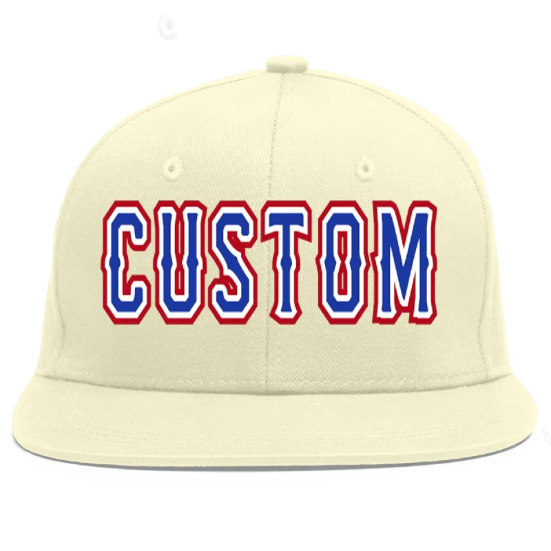 Baseball Cap For Professional Fan Gear-Custom Cream Royal-White Flat Eaves Sport Baseball Cap