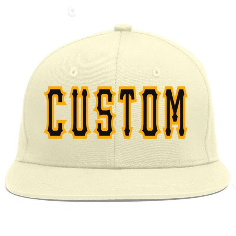 Baseball Cap For Official Fan Gear Custom Orders-Custom Cream Black-Yellow Flat Eaves Sport Baseball Cap