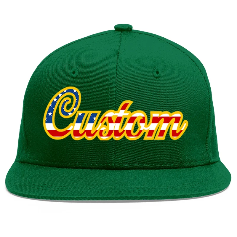 Baseball Cap For Special Team Customization-Custom Green Vintage USA Flag-Gold Flat Eaves Sport Baseball Cap