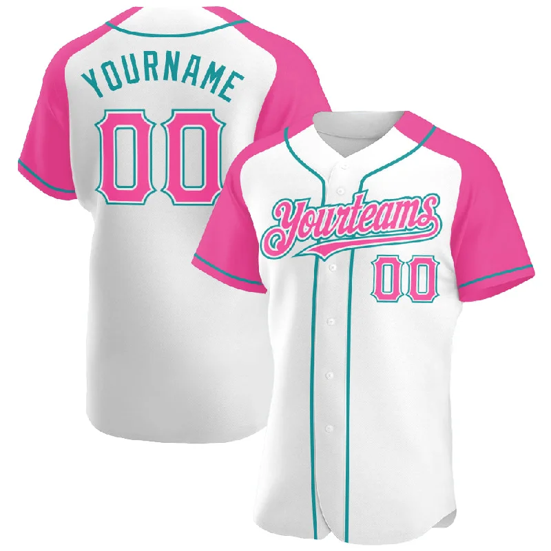 Baseball Jersey For Special Team Orders-Custom White Pink-Teal Authentic Raglan Sleeves Baseball Jersey